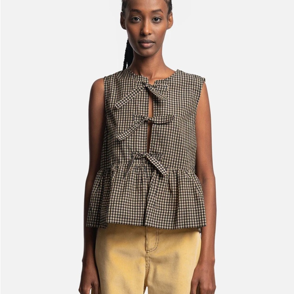 Ganni Seersucker Bow Peplum in Gingham Starfish. Size 2 US / 32 EU
